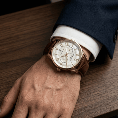 Mason Parker Collection Men’s Watch – Gold-Tone Case White Roman Dial Brown Leather Strap RJ-330