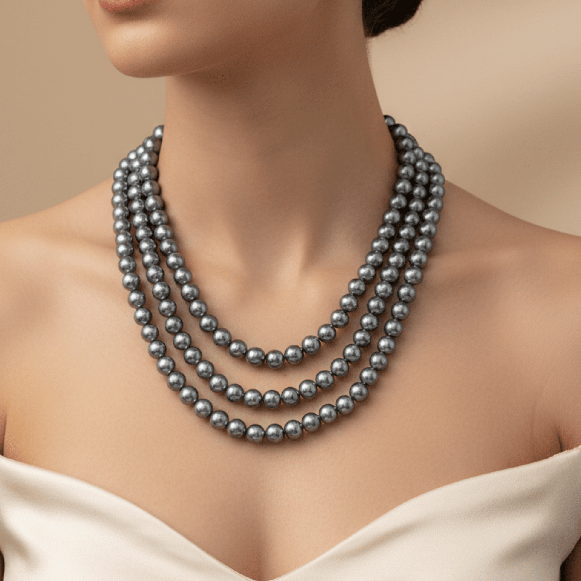Lustrous Grey Triple-Strand Beaded Necklace - COLO