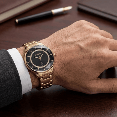 Mason Yellow IP Stainless Steel Watch – Black Dial with Crystal Accents
