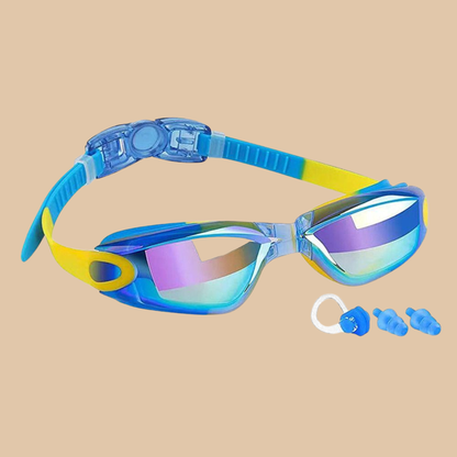 Blue & Yellow Kids Swim Goggles with Ear Plugs – Anti Fog, UV Protection