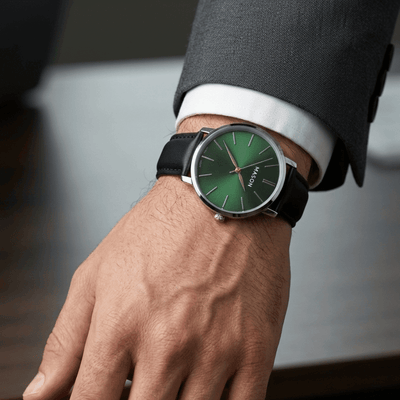 Mason Men’s Green Dial Watch – Silver-Tone Case with Black Leather Strap