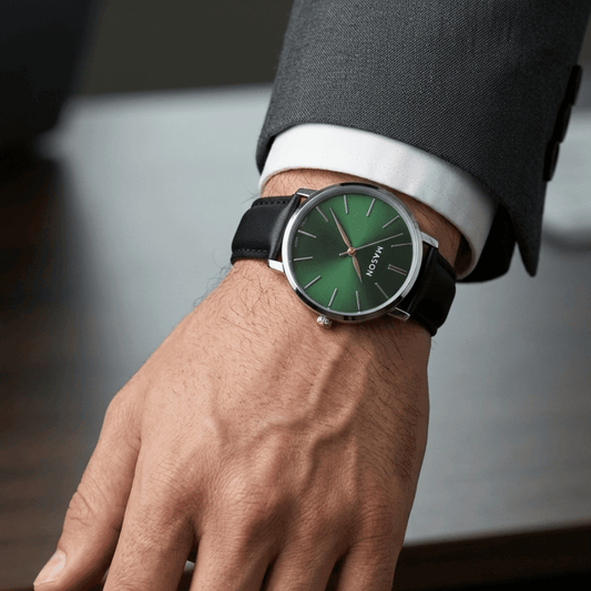 Mason Men’s Green Dial Watch – Silver-Tone Case with Black Leather Strap RJ-237 - COLO