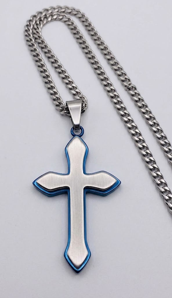 Two-Tone Satin Silver & Blue Layered Cross Pendant (24" Flat Curb Chain)