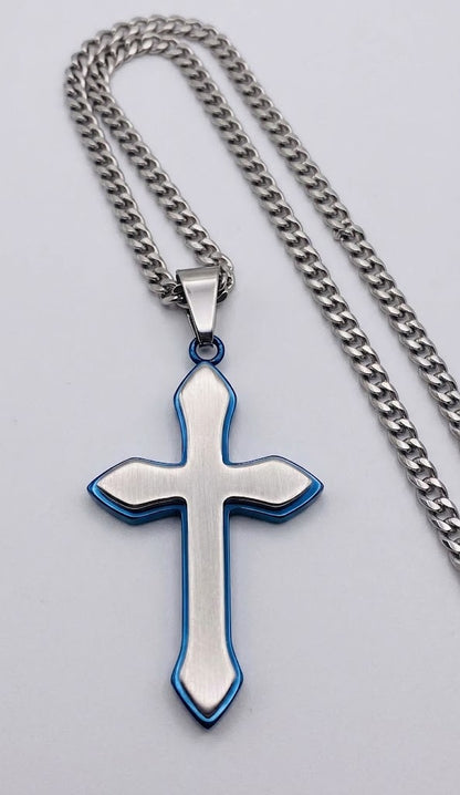 Two-Tone Satin Silver & Blue Layered Cross Pendant (24" Flat Curb Chain)
