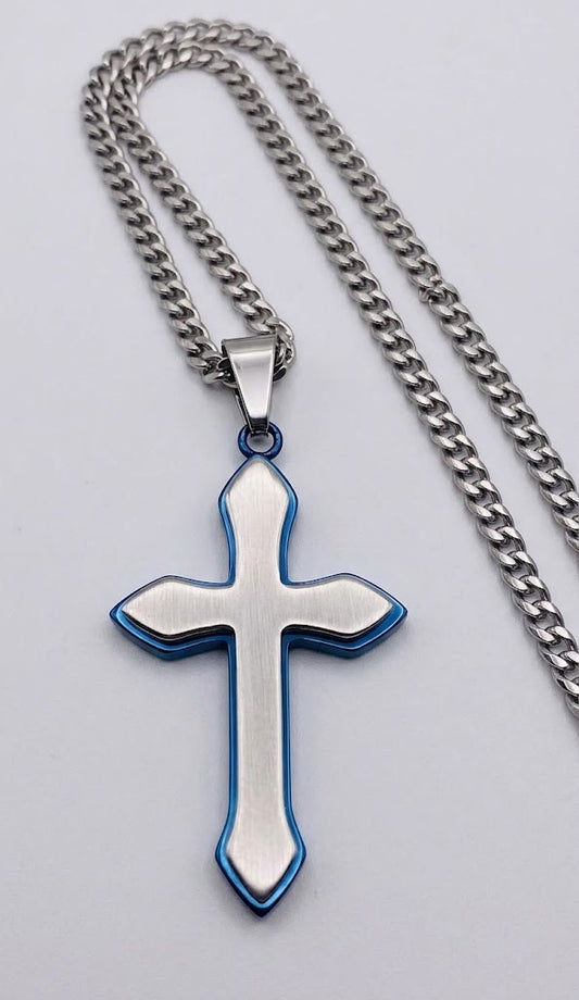 Two-Tone Satin Silver & Blue Layered Cross Pendant (24" Flat Curb Chain)