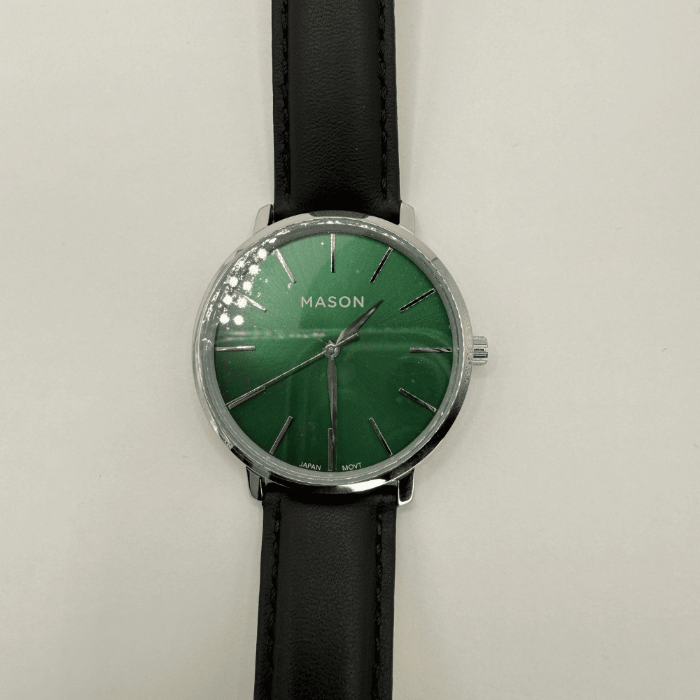 Mason Men’s Green Dial Watch – Silver-Tone Case with Black Leather Strap RJ-237 - COLO