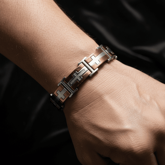 Men's Orange Accent Stainless Steel Cross Bracelet - COLO