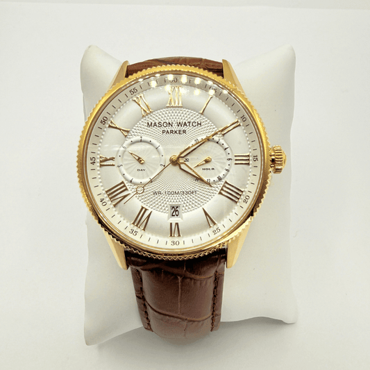 Mason Parker Collection Men’s Watch – Gold-Tone Case White Roman Dial Brown Leather Strap RJ-330 - COLO