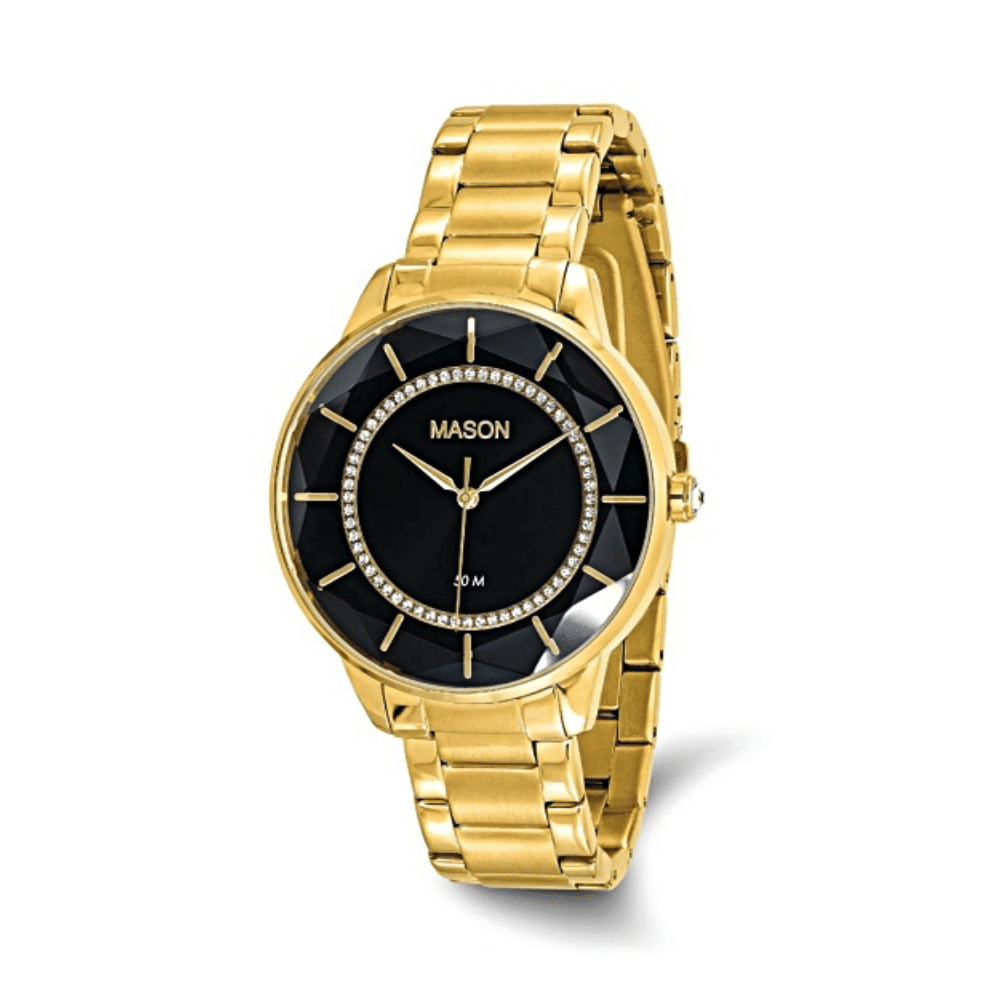 Mason Yellow IP Stainless Steel Watch – Black Dial with Crystal Accents RJ-222 - COLO