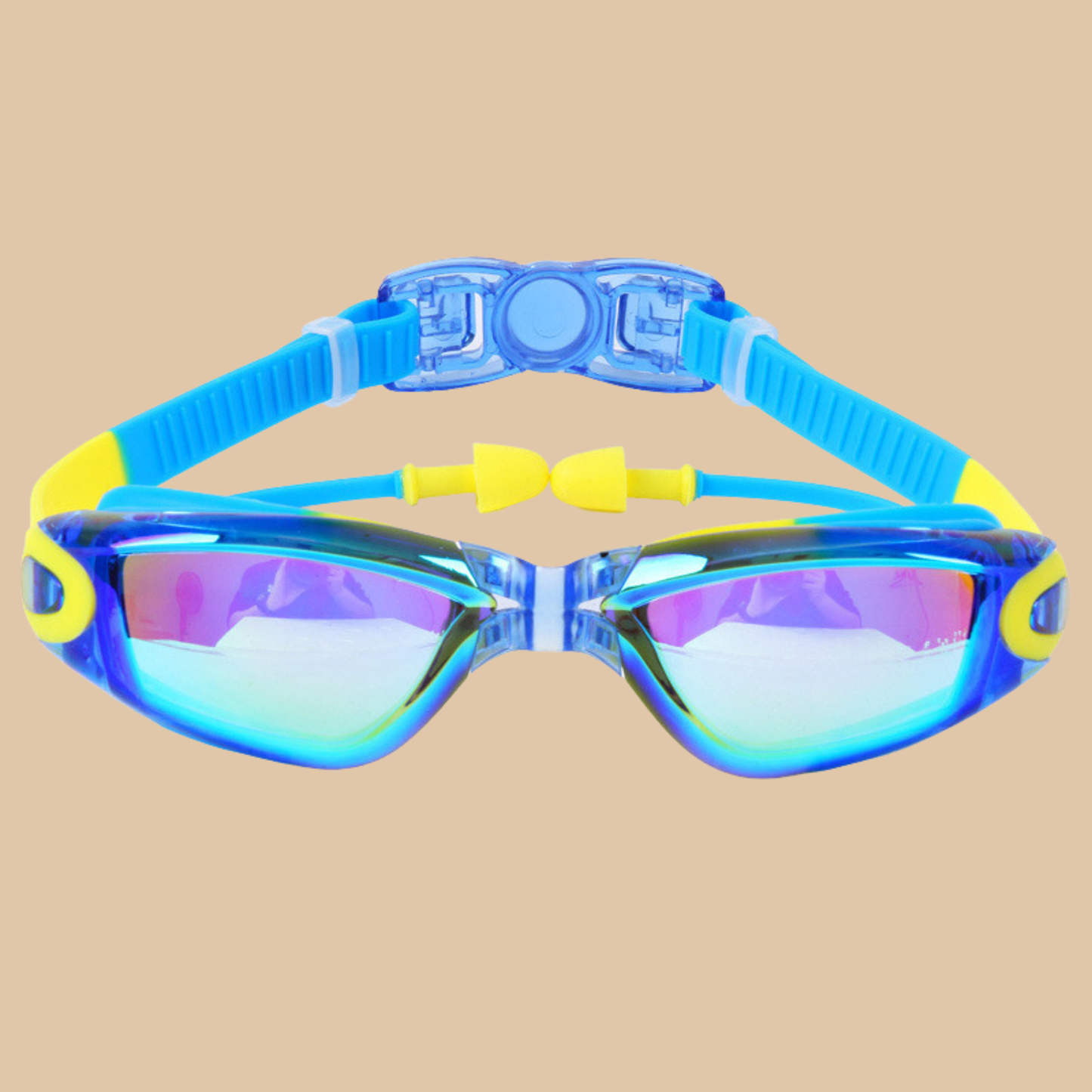 Blue & Yellow Kids Swim Goggles with Ear Plugs – Anti Fog, UV Protection