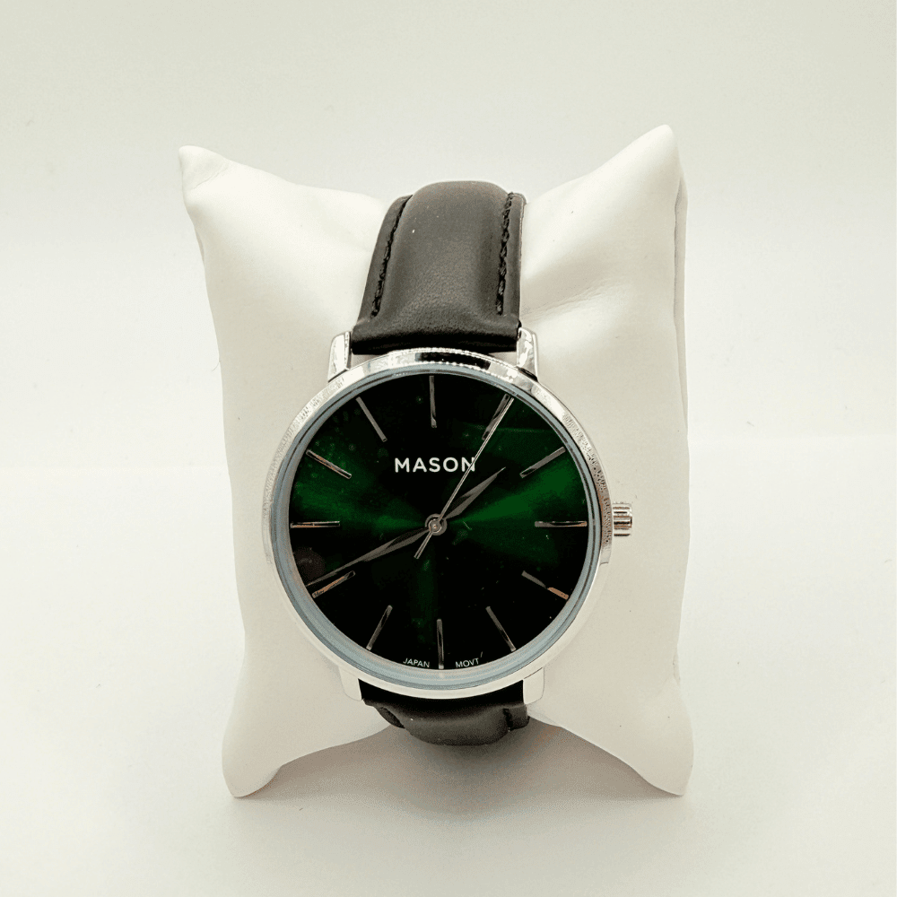 Mason Men’s Green Dial Watch – Silver-Tone Case with Black Leather Strap RJ-237 - COLO