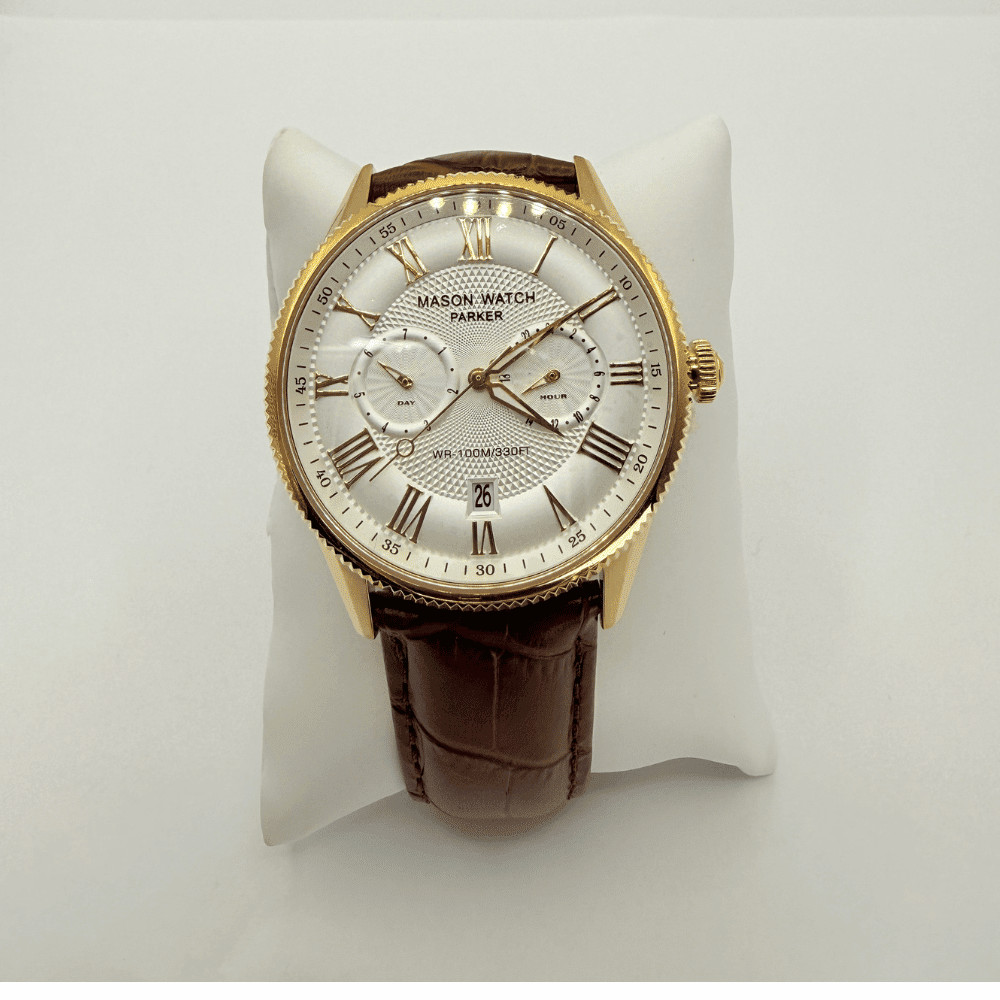 Mason Parker Collection Men’s Watch – Gold-Tone Case White Roman Dial Brown Leather Strap RJ-330 - COLO
