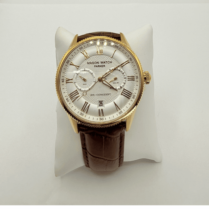 Mason Parker Collection Men’s Watch – Gold-Tone Case White Roman Dial Brown Leather Strap RJ-330 - COLO