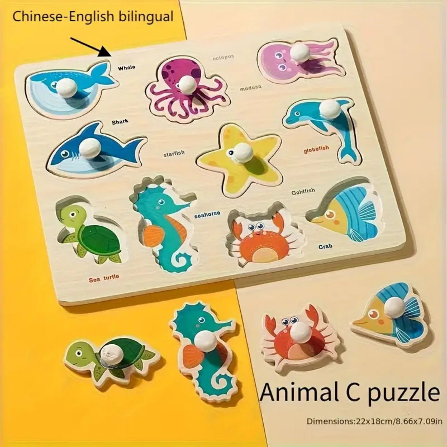 Geometric Sea Animals Puzzle Board for Kids - Early Learning Educational Toy Bilingual Chinese-English - COLO