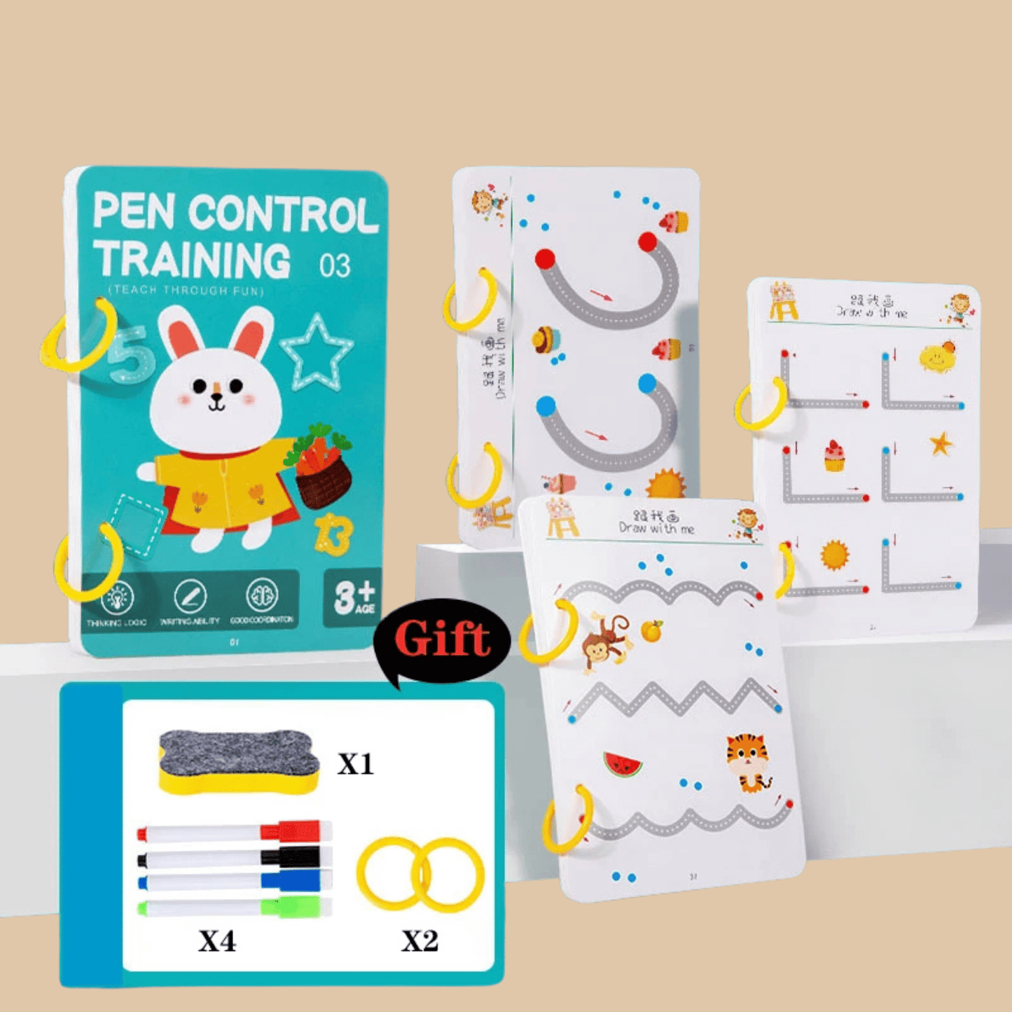 32-Page Kids’ Pen Control Training Kit - Cartoon Bear & Alphabet Practice Book - COLO