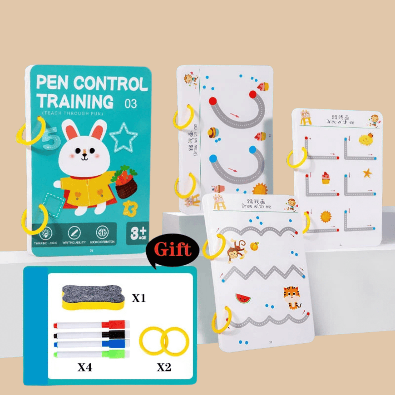 32-Page Kids’ Pen Control Training Kit - Cartoon Bear & Alphabet Practice Book - COLO