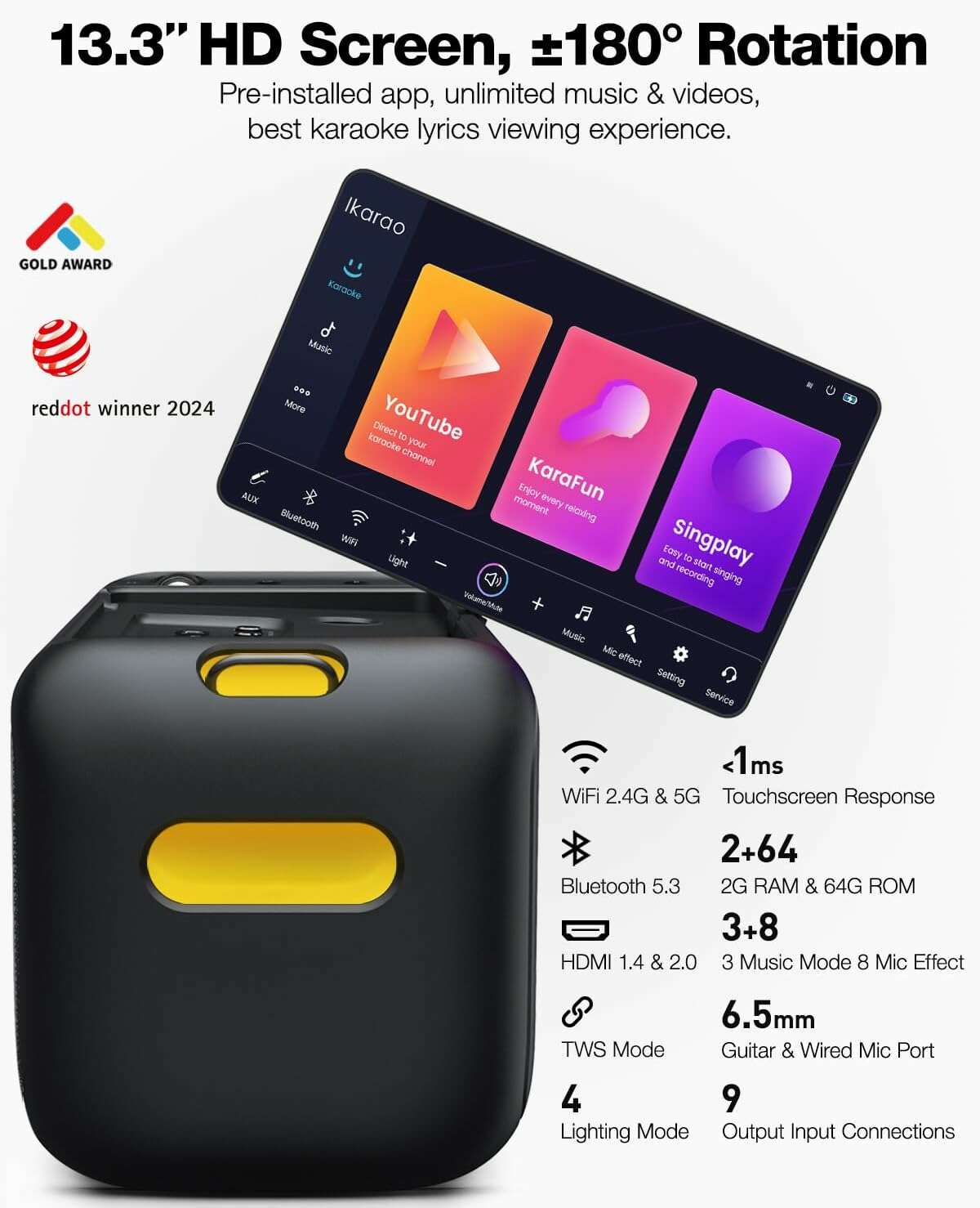Karaoke Machine Ikarao X1 with Lyrics Display, Built-in 13.3" Screen, Truly All in One Karaoke Machine with 2 Wireless Microphone (Hidden & Self Charging), 460W Bluetooth Speaker for Party, TV - COLO