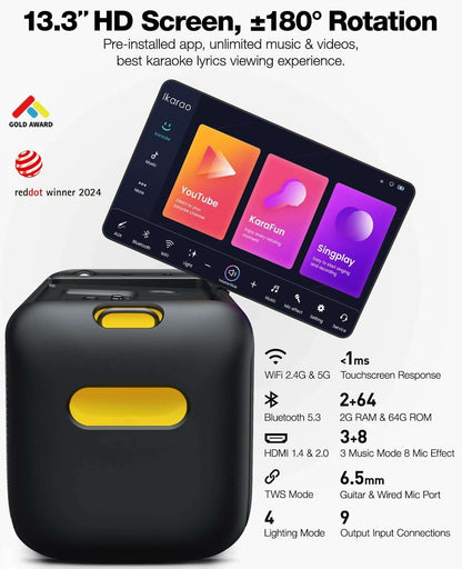 Karaoke Machine Ikarao X1 with Lyrics Display, Built-in 13.3" Screen, Truly All in One Karaoke Machine with 2 Wireless Microphone (Hidden & Self Charging), 460W Bluetooth Speaker for Party, TV - COLO