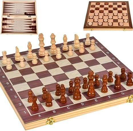 Chess Board Sets, 12 Inch Wooden Chess Set, 3 in 1 Chess Checkers Backgammon Board Game, Handmade Folding Chess Boards with 2 Extra Queens - COLO