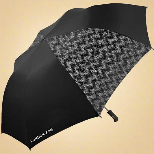 London Fog Rain Umbrella, Automatic Folding, Windproof, Lightweight, 44-Inch Arc – Grey/Black