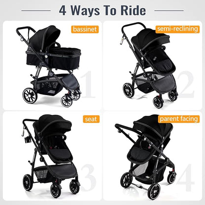 Multi-Stage Versatility & All-Terrain Luxury: Costway 2-in-1 Foldable Baby Stroller & Bassinet (Coffee)