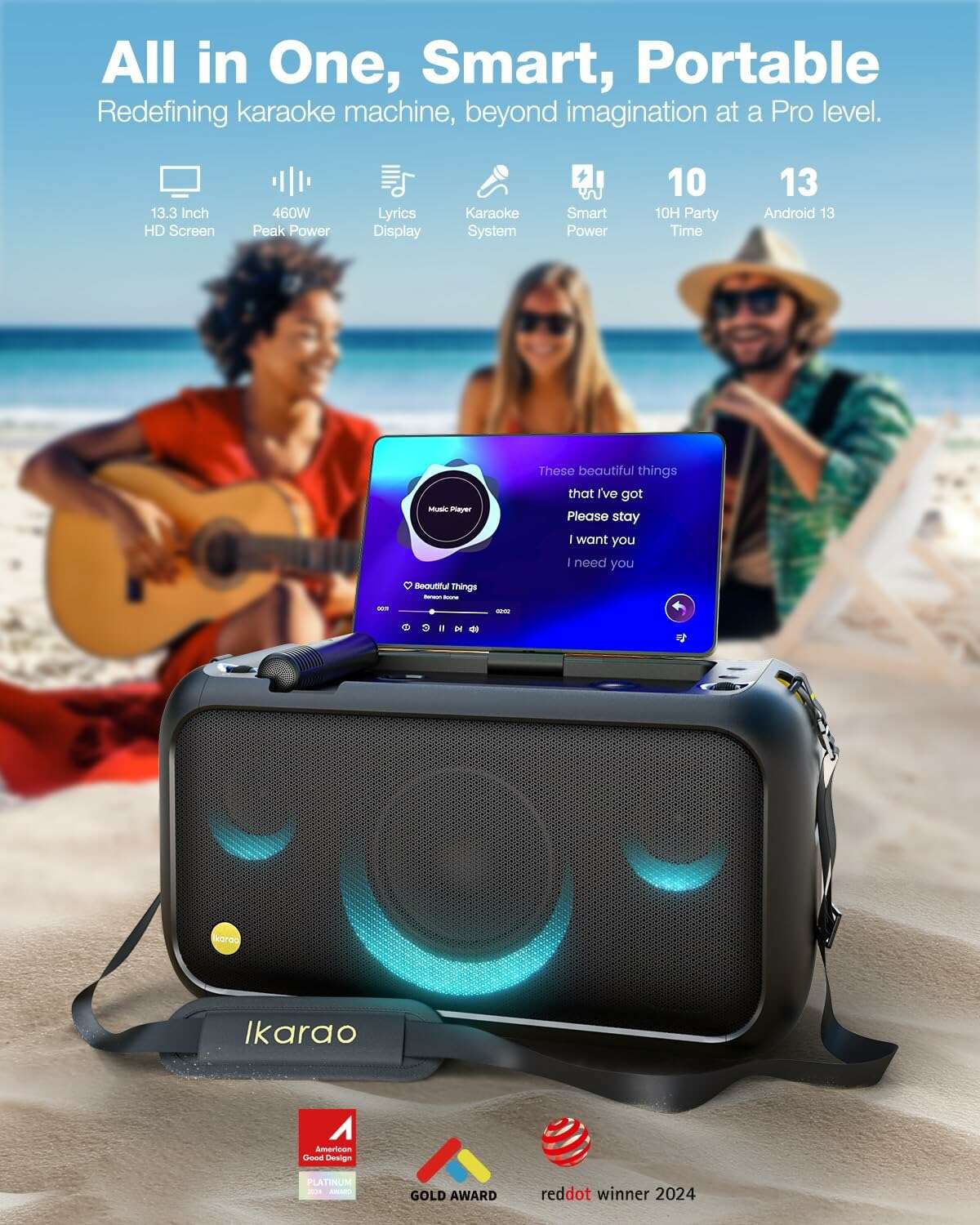 Karaoke Machine Ikarao X1 with Lyrics Display, Built-in 13.3" Screen, Truly All in One Karaoke Machine with 2 Wireless Microphone (Hidden & Self Charging), 460W Bluetooth Speaker for Party, TV - COLO