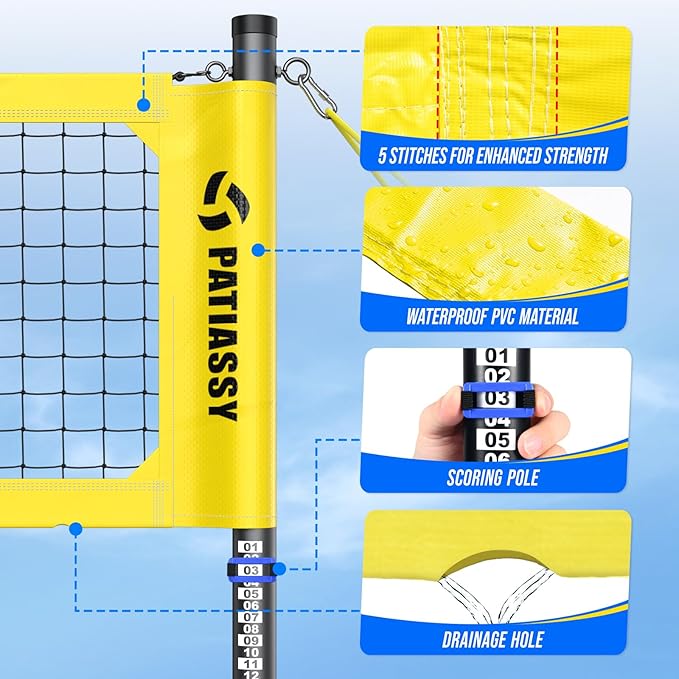 Patiassy Portable Professional Outdoor Volleyball Net Set with Adjustable Height Aluminum Poles, Winch System, Volleyball with Pump and Carrying Bag for Backyard Beach