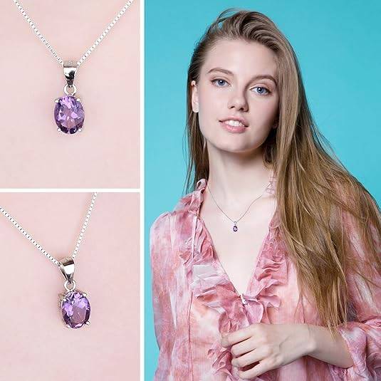 925 Sterling Silver Amethyst Oval 6x4  Pendant – Genuine Gemstone Necklace Charm, Elegant Jewelry
