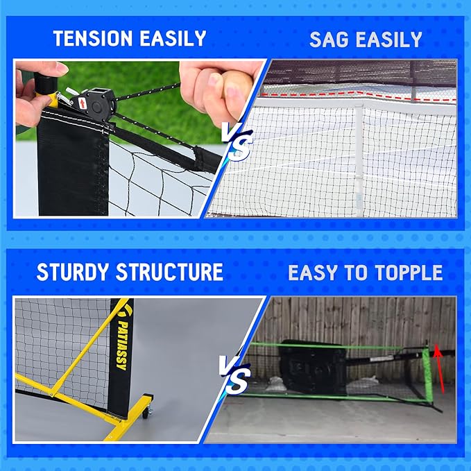 Patiassy Portable Outdoor Pickleball Net Set with Net Tension Adjuster, Wheels, 8 Sandbags and Carry Bag for Driveway