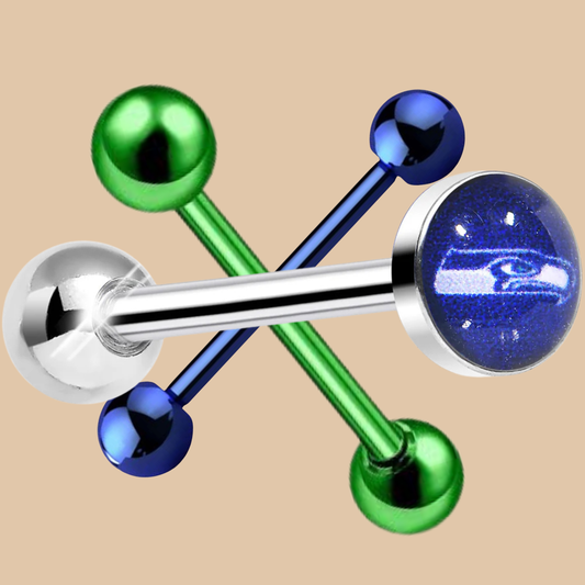 NFL Seattle Seahawks Small Barbell Tongue Ring Silver & Blue Logo