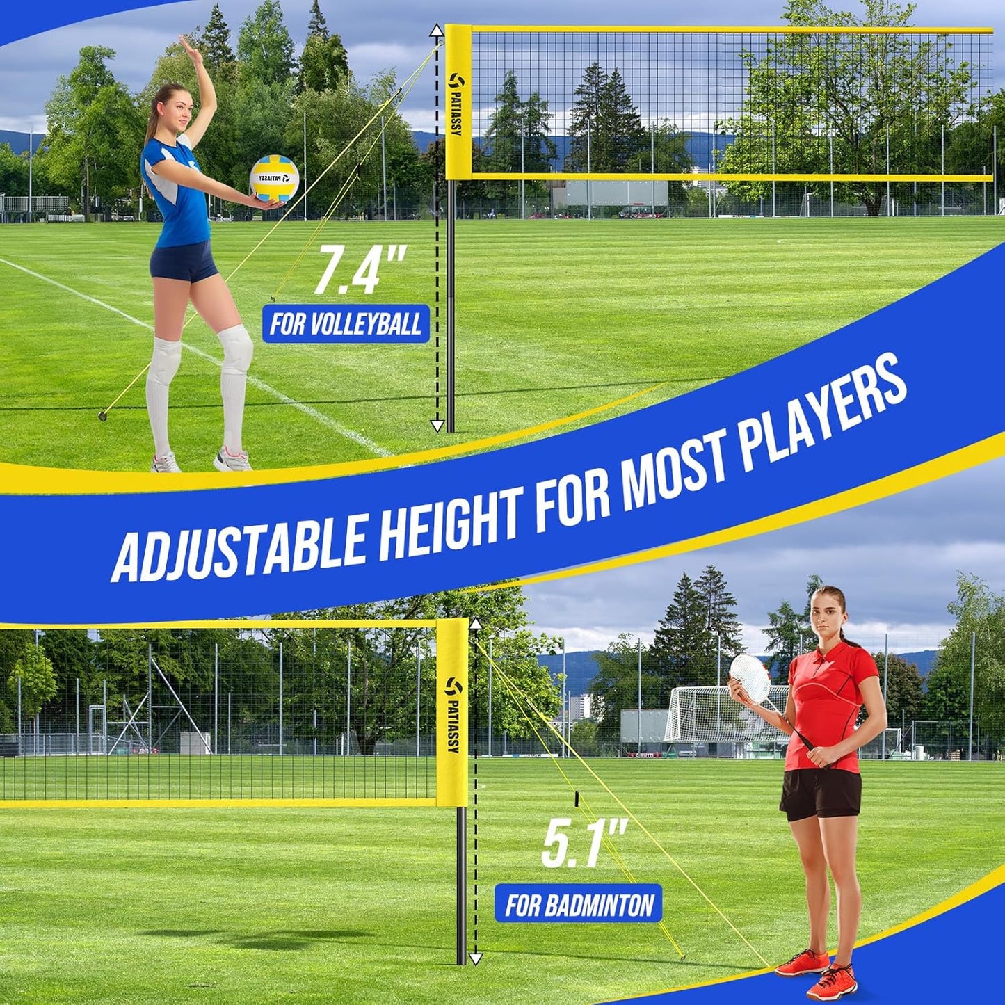 Patiassy 4-Way Volleyball Net Set with Ball & Carry Bag (Yellow)