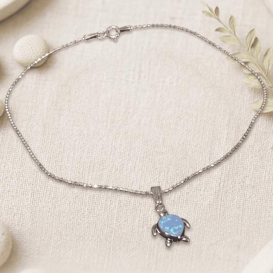 ANKLE BRACELET BLUE OPAL TURTLE PENDANT ON A DC LINK CHAIN 10" w/SPRING RING LOCK