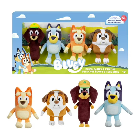Bluey Friends 4 Plush Value Box, Includes Bluey, Bingo, Winton and Snickers, Ages 3+ - COLO