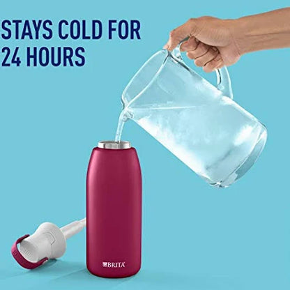 Brita Premium Stainless Steel Leak Proof Filtered Water Bottle, Ruby, 32 oz