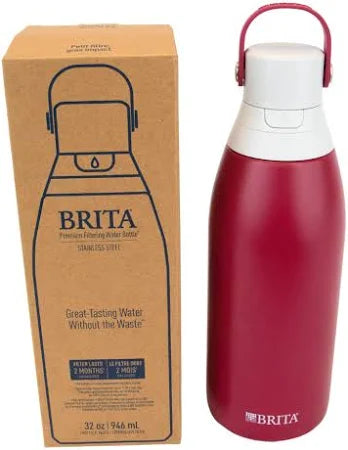 Brita Premium Stainless Steel Leak Proof Filtered Water Bottle, Ruby, 32 oz