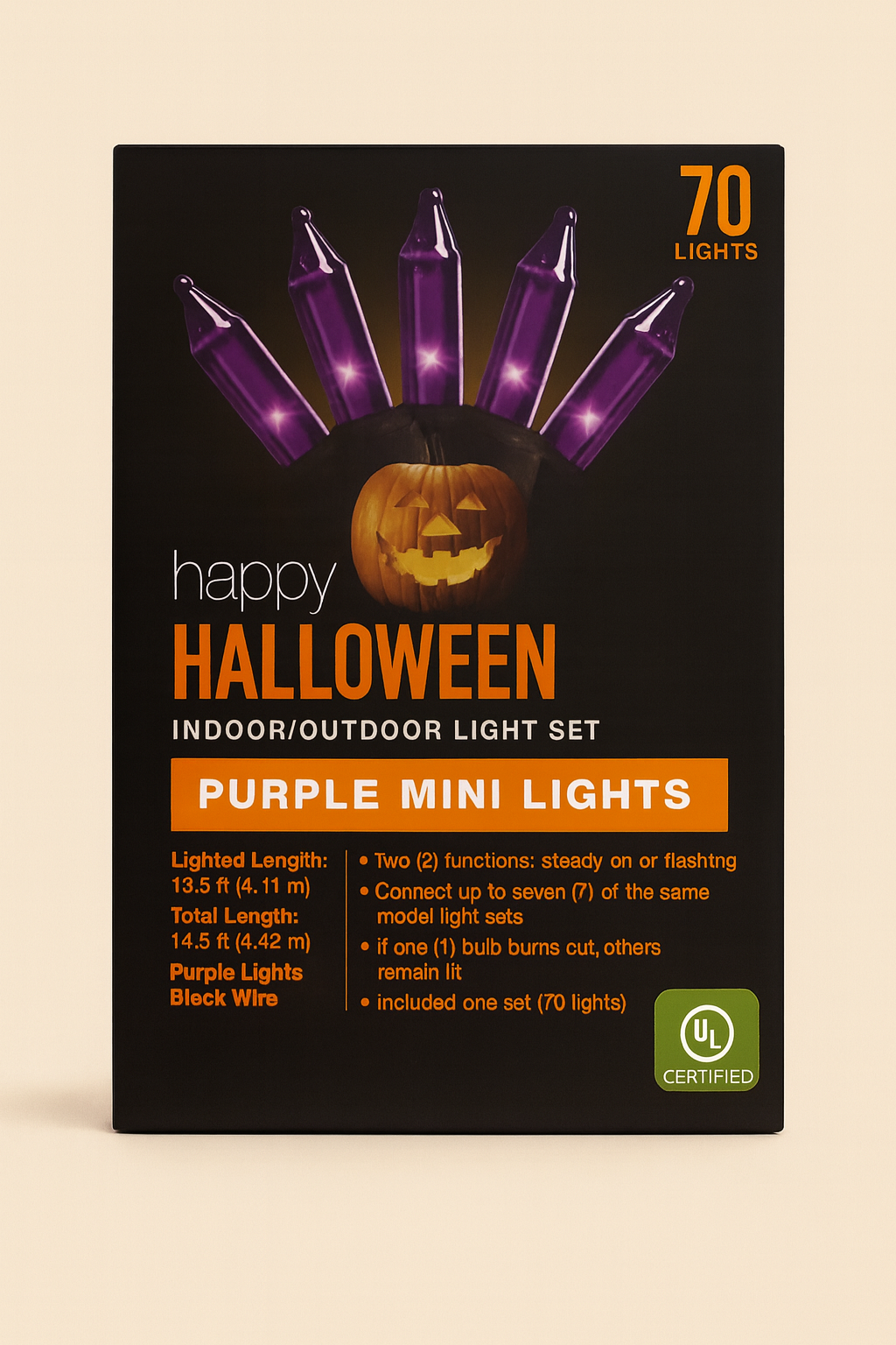 Halloween 70 Purple Mini Lights with Black Wire – Indoor/Outdoor Use