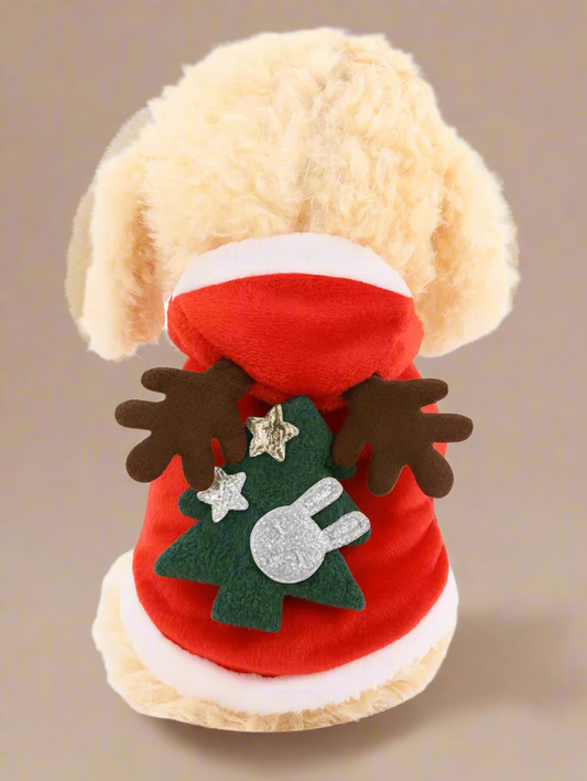 Plush Reindeer Dog Hoodie – Christmas Tree Design
