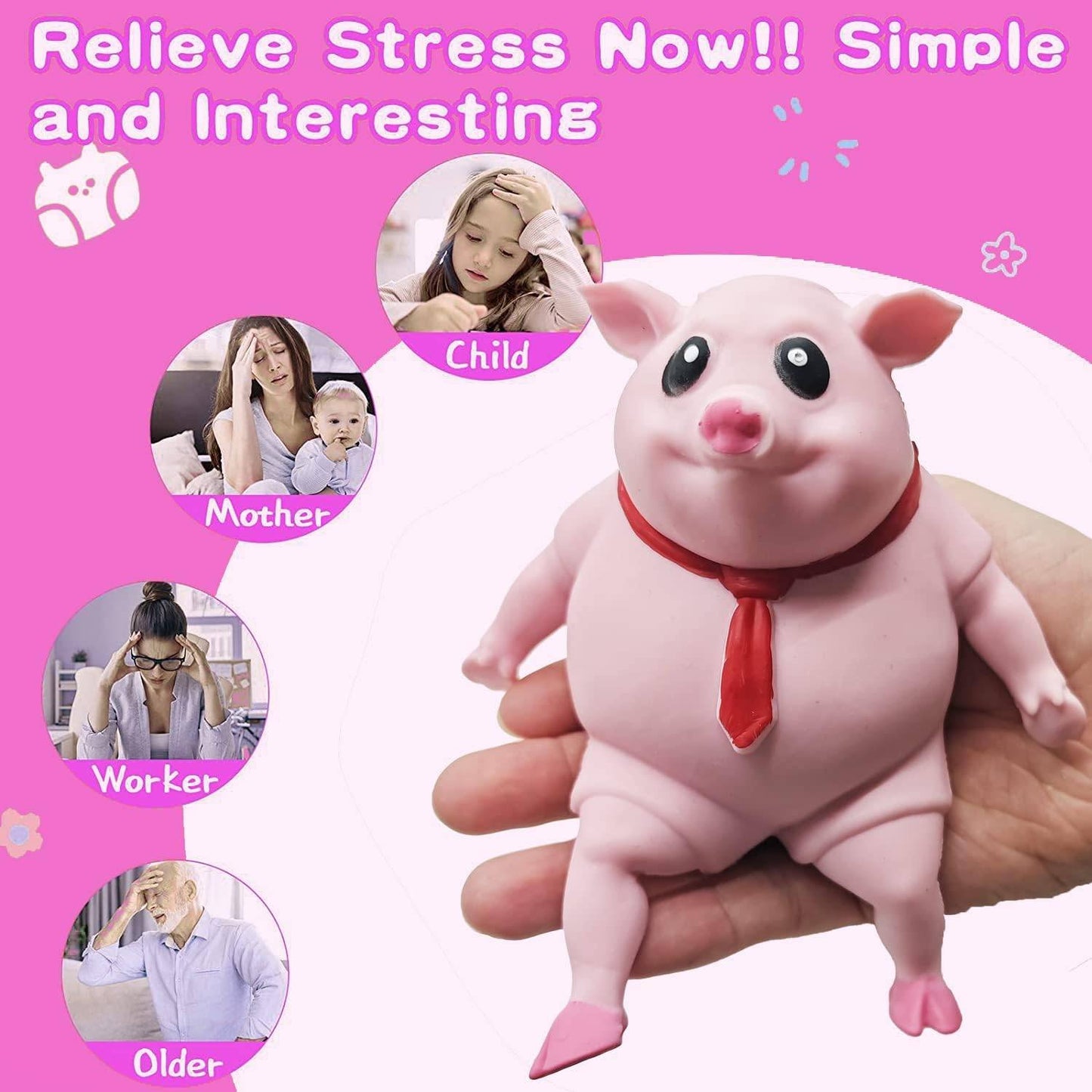 Cute Squishy Toy Pink Pig 9" Gifts for Kids Adults, Decompress and Stress Stretch Animal Anxiety Relief Autism Disorders, Funny Pig Man Sensory Stress Toy for Girl Boy