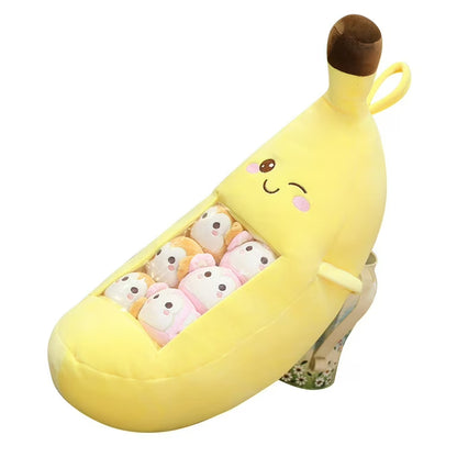 Zippered BANANA Plush Pillow Gift Throw Pillow Removable with 8 Little Dolls 24" x 18"
