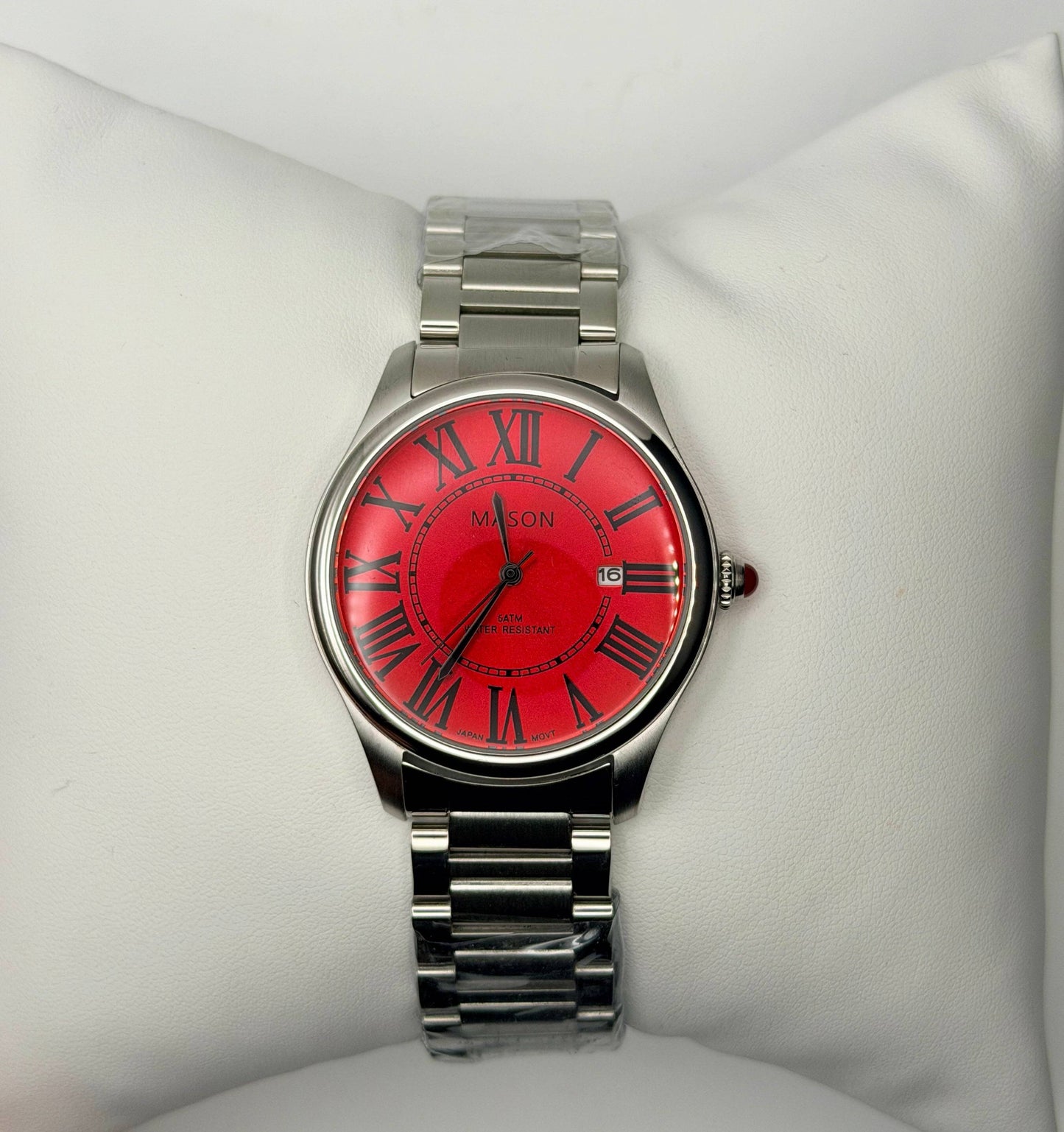 Crimson Boldness & Regal Opulence: Mason Red Face Stainless Steel Crystal-Accented Roman Numeral Automatic Watch (5 ATM)