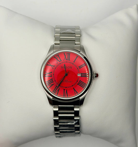 Crimson Boldness & Regal Opulence: Mason Red Face Stainless Steel Crystal-Accented Roman Numeral Automatic Watch (5 ATM)