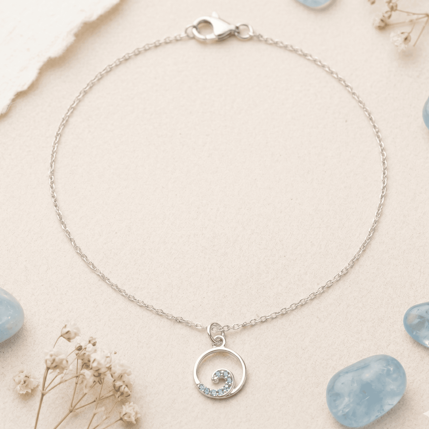 ANKLE BRACELET CRYSATL BLUE WAVE PENDANT ON A OPEN LINK CHAIN 10" w/SPRING RING LOCK
