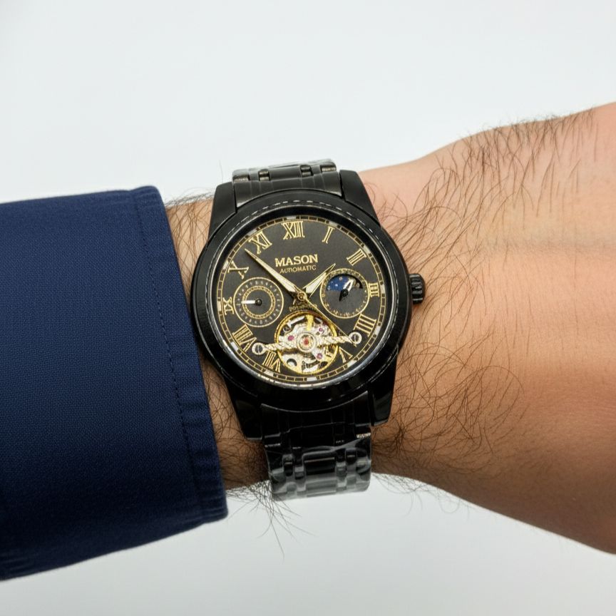 Mason Men’s Automatic Stainless Steel Watch – Black Dial with 24-Hour Subdial