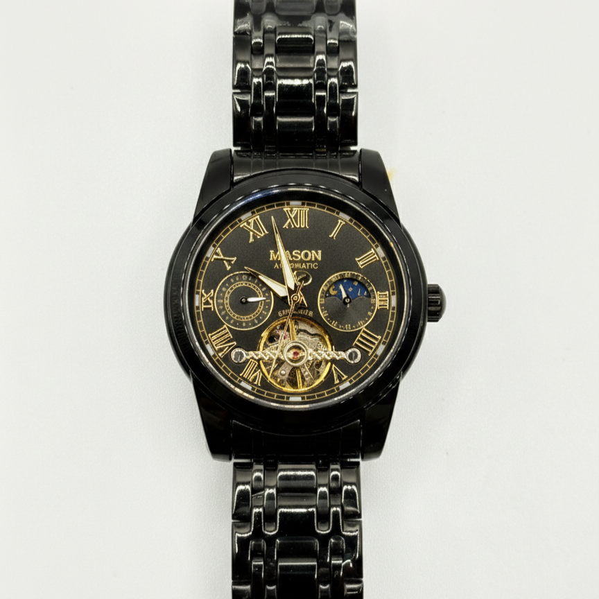 Mason Men’s Automatic Stainless Steel Watch – Black Dial with 24-Hour Subdial