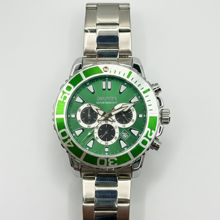 Mason Men’s Stainless Steel Chronograph Watch – Green Dial & Silver Band