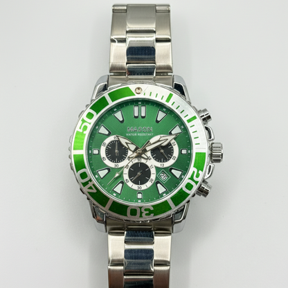 Mason Men’s Stainless Steel Chronograph Watch – Green Dial & Silver Band