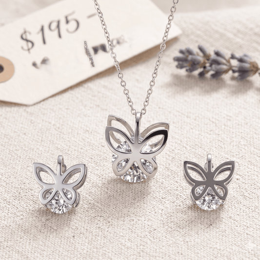 Stainless Steel Crystal Crystal Cutout Butterfly Earring and Pendant Set with Chain Earring and Pendant Set with Chain – Durable, Tarnish Resistant Jewelry Set for Everyday Wear