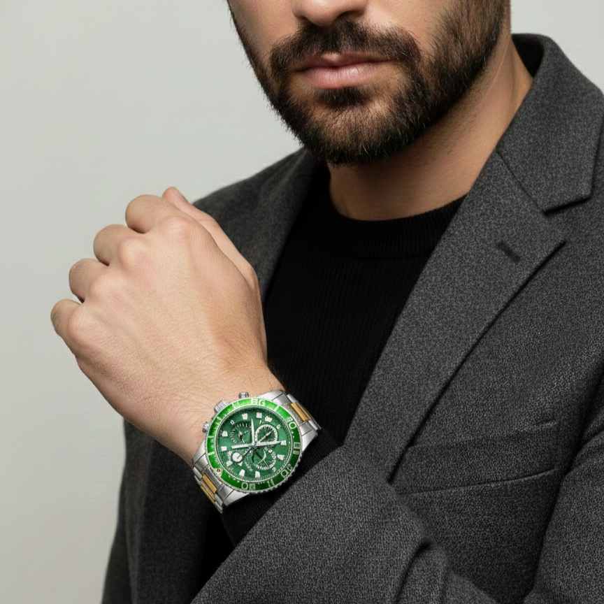 Mason Men’s Stainless Steel Chronograph Watch – Green Dial & Silver Band