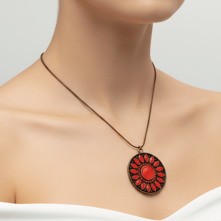 Antique Bronze Snake Chain Necklace with Red Pendant - COLO