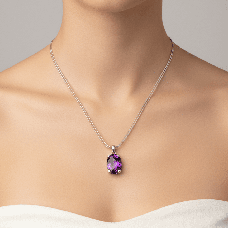 Silver Double-Strand Necklace with Amethyst Pendant - COLO